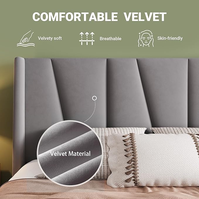 Allewie Full Size Platform Velvet Bed Frame with Geometric Wingback Headboard, Boho Upholstered Bed with Wooden Slats Support, No Box Spring Needed, Easy Assembly, Light Grey