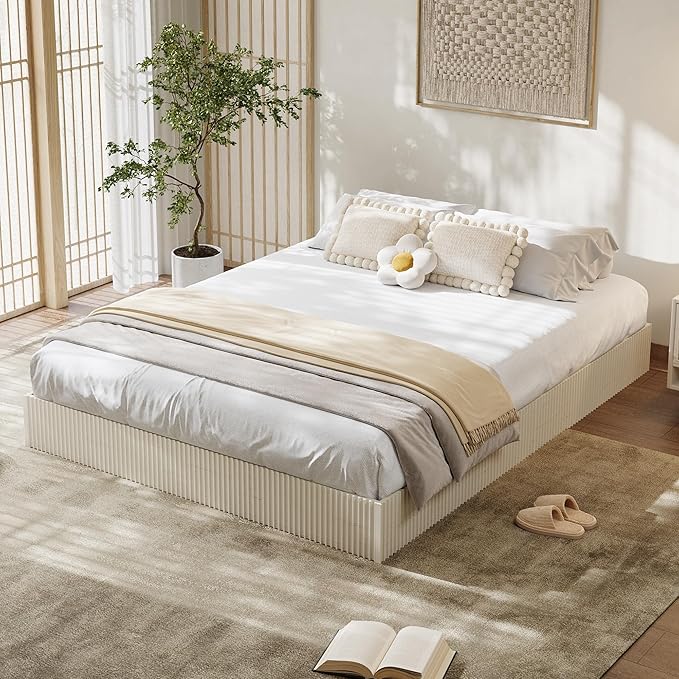 Garvee Queen Bed Frame, Wood Platform Bed with Fluted Design, Low Profile BedFrame, Minimalist Bed Base with Noise-Free, Easy Assembly, No Box Spring Needed, Cream