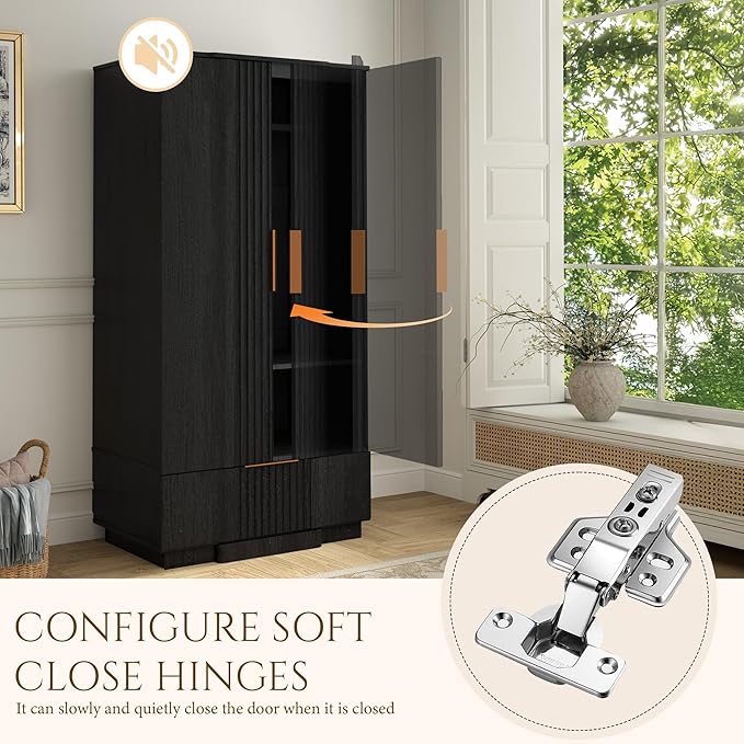 Yechen 67" Fluted Armoire Wardrobe Closet Set of 3 with Doors and Drawer, Wooden Wardrobe Closet Cabinet with Adjustable Shelve, Modern Small Armoires Storage Clothes, Coats for Bedroom, Black, 3pcs