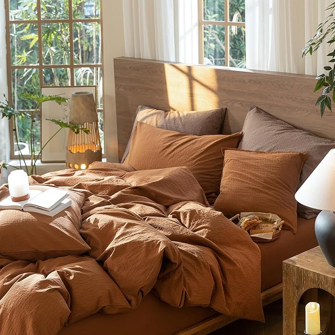 MooMee Wavy Striped Duvet Cover Set 100% Washed Cotton Linen Like Textured Breathable Durable Soft Comfy (Dark Orange, Full 80"x90")
