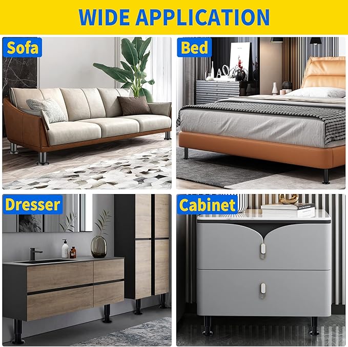 4 Pcs Adjustable Height Bed Support Furniture Legs [with Screws] for Bed Frame,Metal Adjustable 10-17inch for Bed/Sofa/Cabinet/Couch/Dresser/Table -Heavy Bed Replacement Legs (Black)