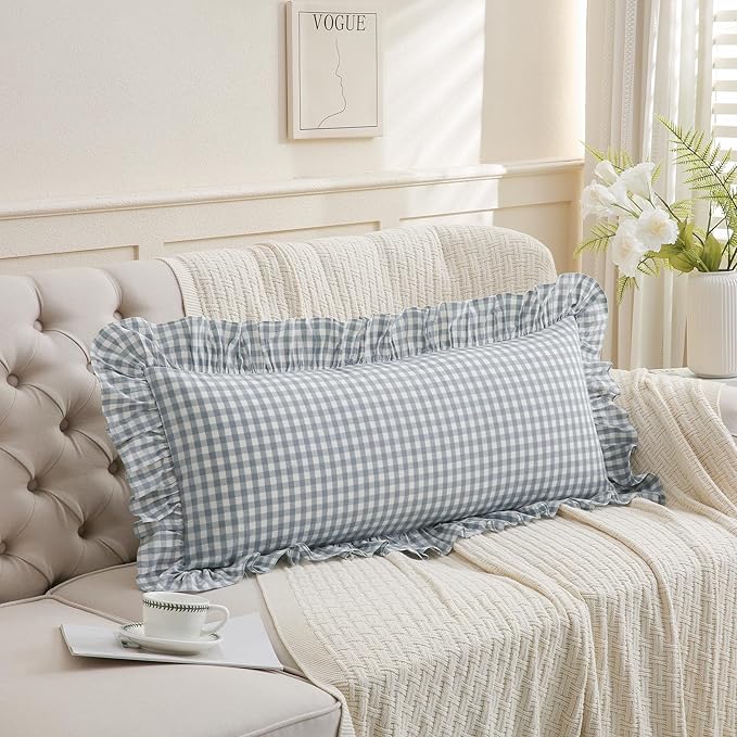 Light Blue/White Ruffled Long Lumbar Gingham Pillow Sham 14x36 inches 1 Piece, Pure Cotton Decor Pillowcase Farmhouse Vintage Cushion Cover for Bed Livingroom