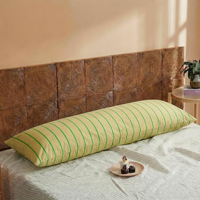 Merryword Body Pillowcases, 100% Cotton Body Pillow Cover, Khaki & Green Striped Pillowcases, Luxury Linen Like Pillowcase, Soft Breathable Track Stripes Pillow Cover