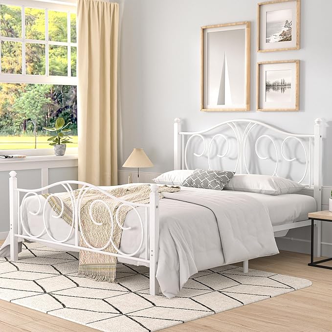 VECELO Queen Size Metal Platform Bed Frame with headboard and Footboard, Heavy Duty Mattress Foundation, Steel Slat Support, No Box Spring Needed, Easy Assembly, Pure White