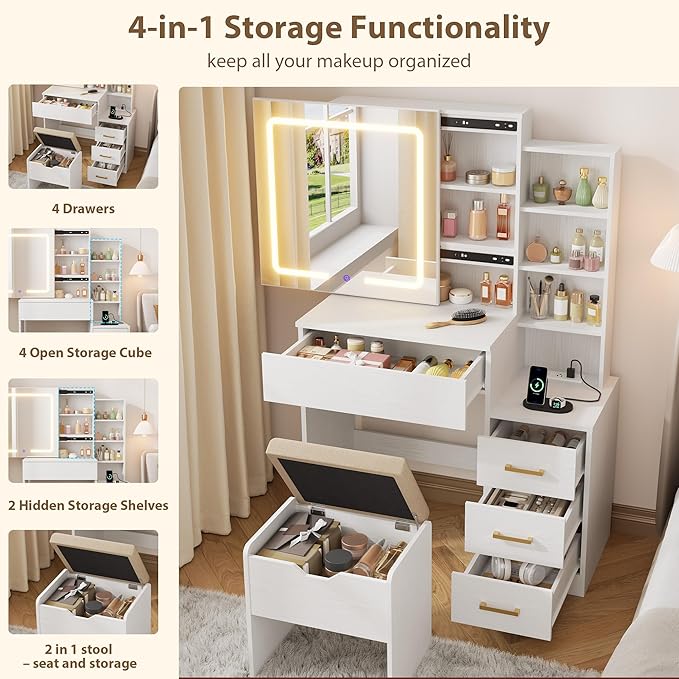 IDEALHOUSE Vanity Desk with Mirror and Lights, Vanity Table and Chair Set with 4 Drawers and Charging Station, Dresser LED Sliding Mirror with 3 Color Modes Adjustable Storage Shelves, White