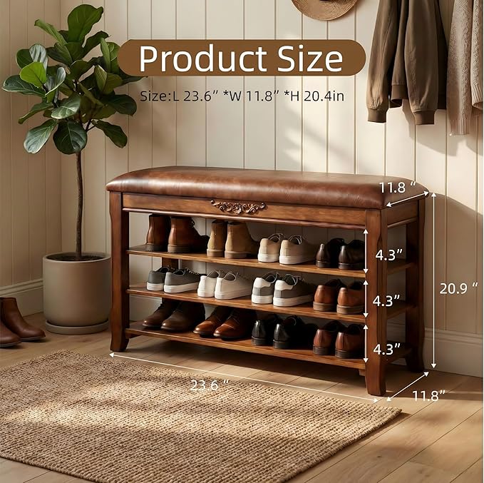Shoe Rack Bench Entryway Storage with Leather Cushion, Shoe Organizer Bench for Entryway, Front Doors Entrances Hallway,Mudroom,Closet, Bedroom,Solidwood 3 Height-Adjustable Removable Shelve,23.6"