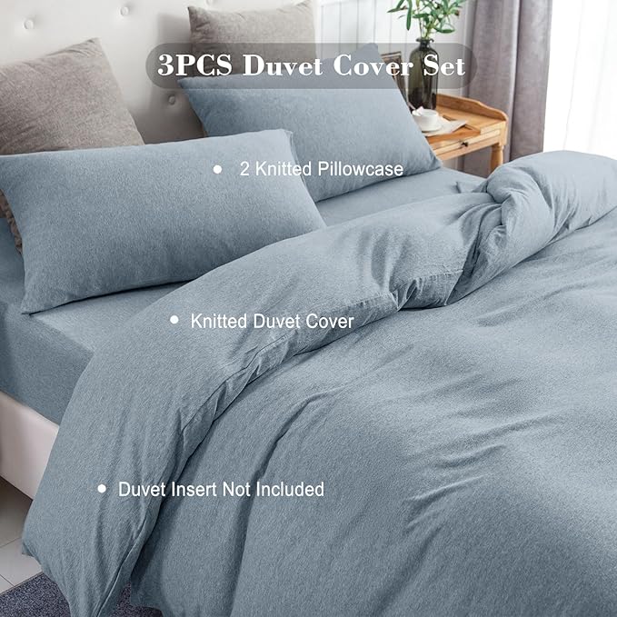 PURE ERA Jersey Knit Duvet Cover Set 100% T-Shirt Cotton Super Soft Comfy 3pc Bedding Set with Zipper Closure (Heather Blueish Grey, Queen)
