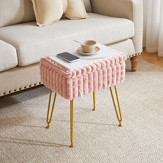 IBUYKE Rectangle Vanity Chair with Storage Space, Footrest Footstool Ottoman, Vanity Stool, Dressing Table Chair, with Anti-Slip Feet, for Makeup Room, Bedroom, Square Grid Pattern, Pink WBD004P