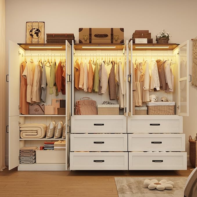 75" Tall Farmhouse 6 Doors Armoire Wardrobe Closet with 3 Drawers and LED,Freestanding Closet Wardrobe Cabinet for Bedroom with Hanging Rod,Wooden Armoire Storage Cabinet(Rustic Off White 6 Doors 2)