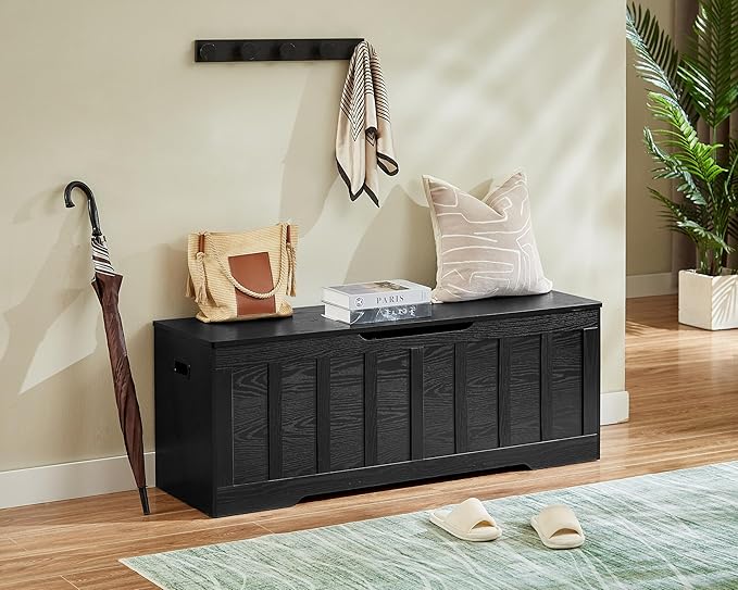 VANKILEY 51.2" Storage Chest Extra Large,Storage Bench with 2 Safety Hinges,Shoe Bench,51.2 * 15.7 * 19.1 inches,Wooden Trunk for Bedroom,livingroom,entryway,Supports 220 lb,Easy Assembly(Black).