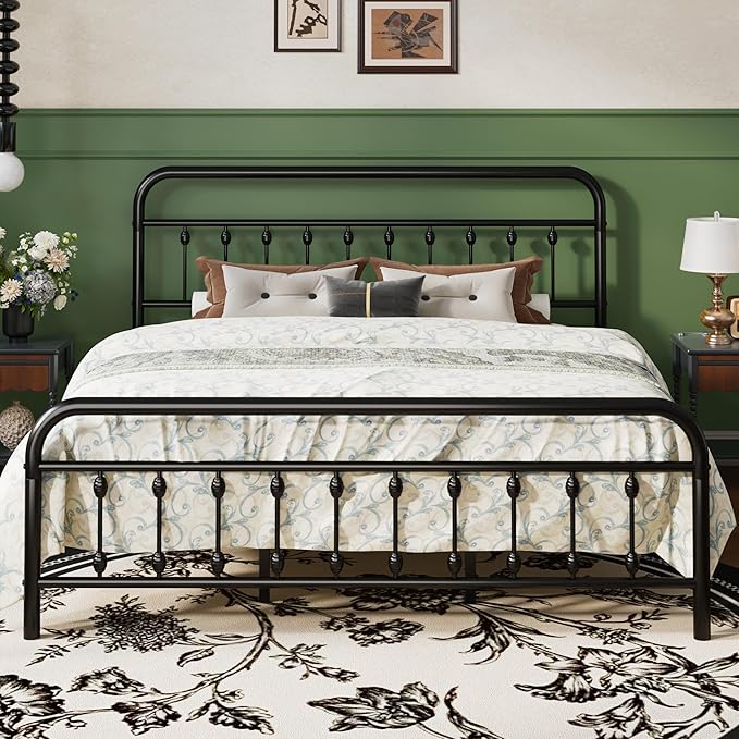 SHA CERLIN King Size Metal Platform Bed Frame with Victorian Style Iron-Art Headboard and Footboard, Easy Assembly, Under Bed Storage, No Box Spring Required, Black