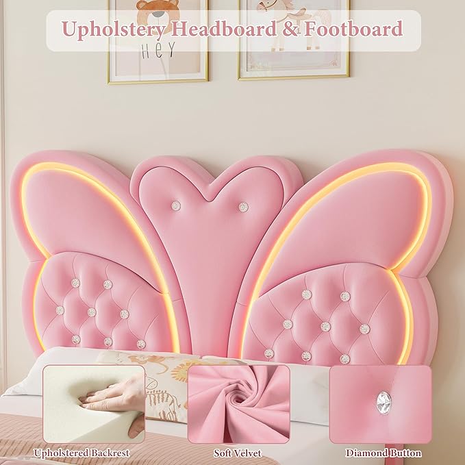 Keyluv Twin Bed Frame Butterfly-Pattern Upholstered Headboard, Modern Floating Bed with LED Lights Button Tufted on Headboard and Footboard, Slats Support No Box Spring Needed, Noise-Free, Pink