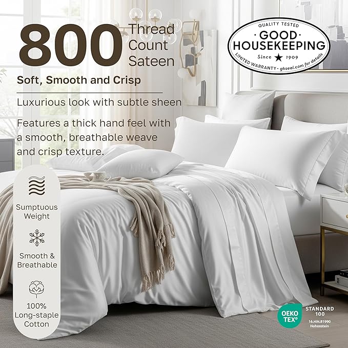 California Design Den Queen Size Bed Sheets Set, 100% Cotton Bed Sheets - Buttery Soft 800 Thread Count Sateen, Deep Pockets Durable Bedding - Light Grey