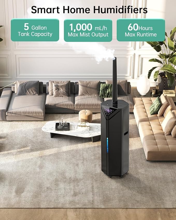 5Gal Humidifiers for Bedroom Large Room 2800ft², APP/Remote Control, 60H Quiet Supersized Cool Mist Humidifier with Auto 180°Mist Tube, 24H Timer, Top Fill, Humidifiers for Home Office Plants