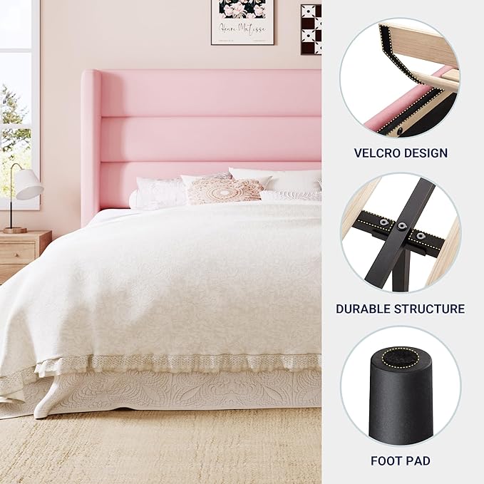 Allewie King Size Platform Bed Frame with Velvet Upholstered Wingback Headboard, No Box Spring Needed, Under Bed Storage Space, Strong Wooden Slats, Modern Mattress Foundation, Easy Assembly, Pink