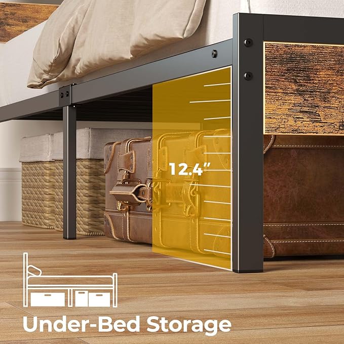 Rolanstar Bed Frame Full Size with USB Charging Station, LED Bed Frame with Wood Storage Headboard, Rustic Brown Metal Platform Bed with Under Bed Storage, No Box Spring Needed, Noise Free