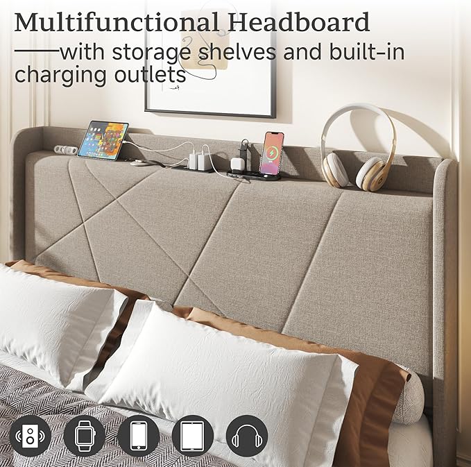 Full Size Linen Bed Frame, Storage Headboard with Charging Station, Upholstered Platform Bed with Wooden Slats Support, Solid and Stable, Noise Free, No Box Spring Needed, Easy Assembly, Beige