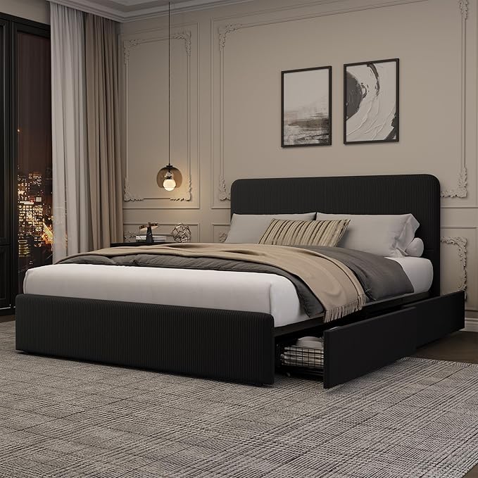 GarveeHome Modern Upholstered Platform Bed Frame with Headboard and Storage Drawers – Strong Wood Slat Support, No Box Spring Needed, Low Profile, Easy Assembly – Corduroy Black