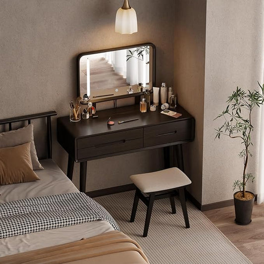 Solid Wood Vanity with Mirror and Lights, Adjustable Brightness, Wood Makeup Vanity with 3 Drawers, Semi-Assembled, Vanity Desk for Bedroom (Black)