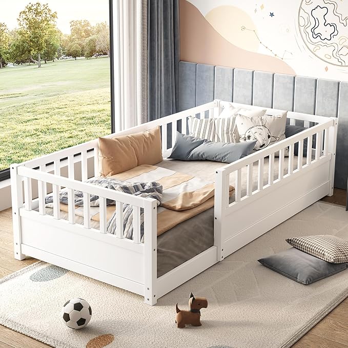 Bellemave Twin Size Floor Bed with High Fence, Wood Montessori Bed with Slats and Guardrails, Montessori Floor Beds Frame for Kids, Girls, Boys, White