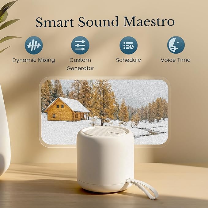 White Noise Sound Machine & Alarm Clock: Color Noises and Custom Soundscapes, App Control, Sleep Schedule, Multiple Alarms, 100 Volume Levels, Built-in Battery