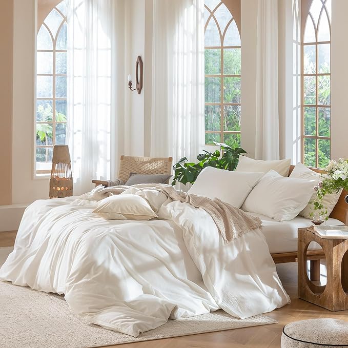 MooMee Bedding Duvet Cover Set 100% Washed Cotton Linen Like Textured Breathable Durable Soft Comfy (Solid Off White, Super King Plus 120"x120")
