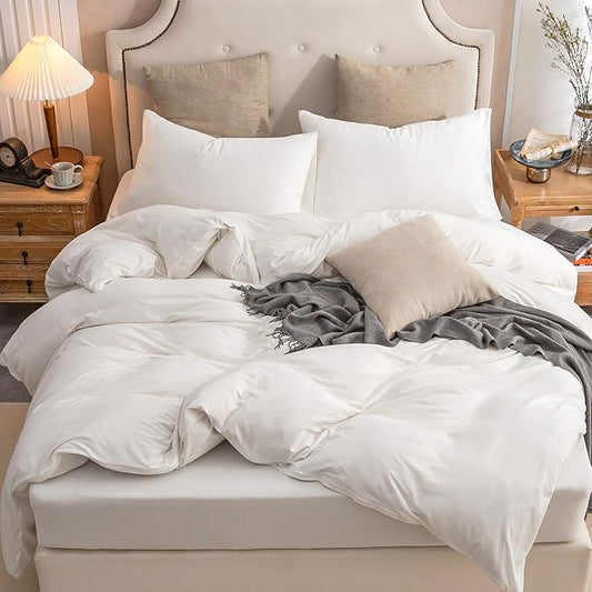 PURE ERA Jersey Knit Duvet Cover Set 100% T-Shirt Cotton Super Soft Comfy 3pc Bedding Set with Zipper Closure (Solid Off White, Queen)