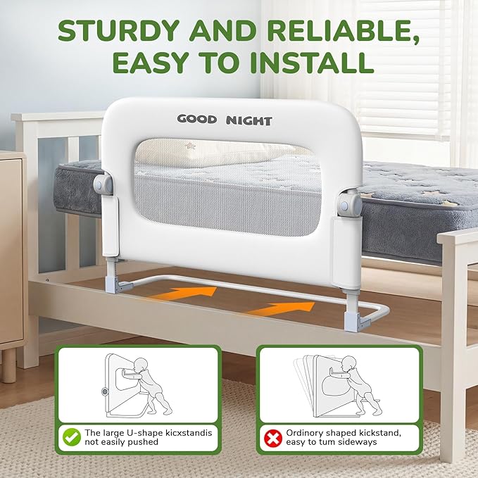 Bed Guard Rail for Toddlers - 32" Adjustable Heights & Folding up Portable Bed Railing for Baby - Toddler Bed Rails Guard for Crib, Twin, Bunk,Full Size, Queen & King Bed(White)