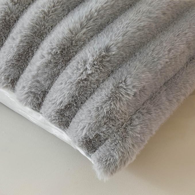 MEGO Fluffy Faux Rabbit Fur Body Pillow Cover, Cozy Plush Fuzzy Wide Striped 20x54 Body Pillowcase with Zipper, Home Decorative Shaggy Furry Ribbed Bedroom Long Pillow Cover Bed Couch Sofa, Light Grey
