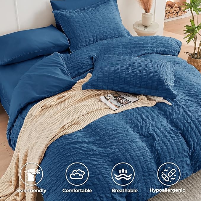 HYMOKEGE Teal Duvet Cover King Size, Ultra Soft 3-Piece Seersucker Duvet Cover Set with Zipper Closure, Soft Brushed Microfiber Bedding Set with 8 Corner Ties (104"x90", 2 Pillowshams)