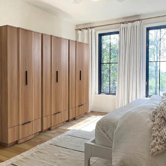Brafab 67" Fluted Armoire Wardrobe Closet with Drawers and Doors, Wooden Wardrobe Cabinet with Adjustable Shelves, Modern Storage for Clothes, Dream Wardrobe Wall for Bedroom, Natural (3 pcs)