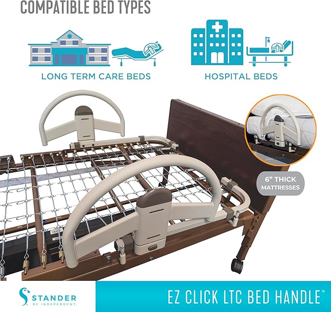 Stander EZ Click Bed Handle, Hospital Beds Rail, Safety Assist Medical Railing for Seniors, Long Term Care for Elderly, Set of 2, ASTM Safety Approved Bedrail