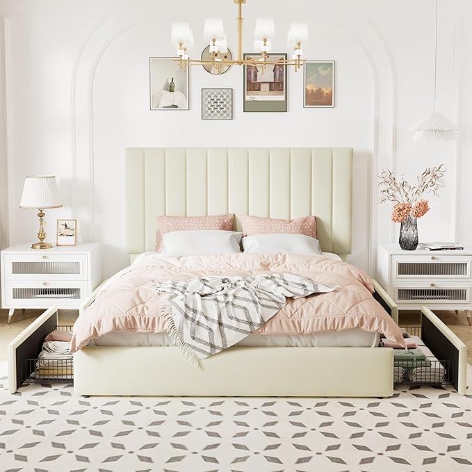 Allewie Full Size Storage Bed Frame, Vertical Channel Tufted Adjustable Headboard, Velvet Upholstered Platform Bed with 4 Oversized Underbed Drawers, Wooden Slats Support, No Box Spring Needed, Cream