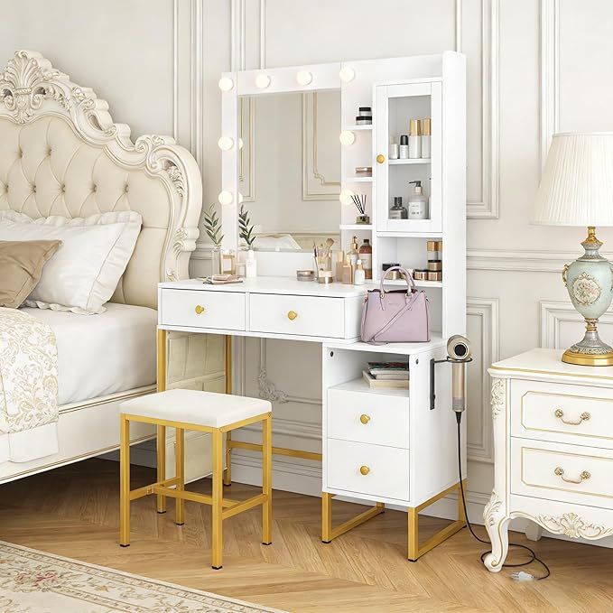 KAMABOKO Vanity Desk with Mirror, LED Lights and Power Outlet, Makeup Vanity Table with Cabinet and 4 Drawers, Dressing Table with Stools for Bedroom (White)