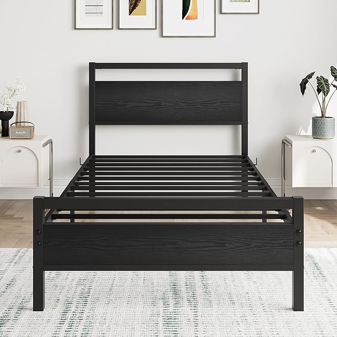 HOJINLINERO Black Twin Bed Frame with Wood Headboard,Metal Single Platform Bed Frame Twin Size No Box Spring Needed,Heavy Duty Metal Slats Support,Mattress Base,Noise Free,Easy Assembly,Black