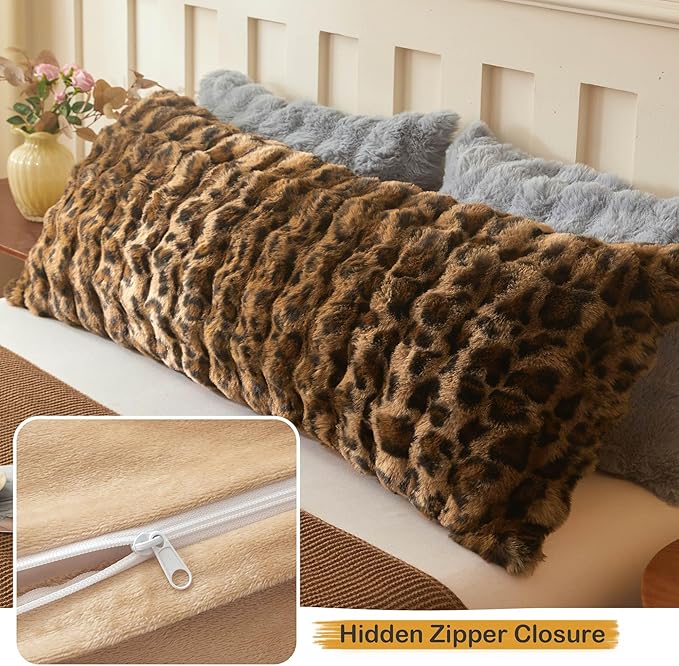 LIFEREVO Leopard Print Faux Rabbit Fur Body Pillow Cover 20 x 54, Cheetah Print Waffle Bubble Bed Pillowcase with Zipper, Long Fuzzy Furry Farmhouse Pillow Case for Pregnant Women Side Sleeper, Brown