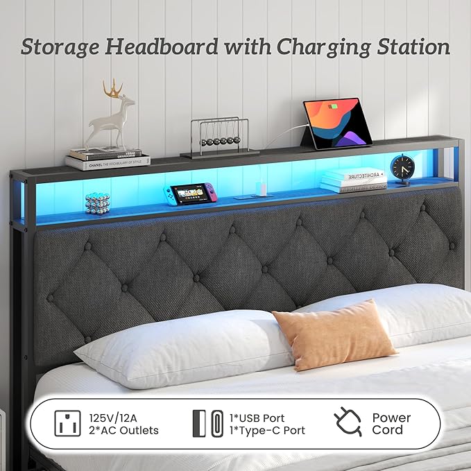 Fluest Queen Bed Frame with 4 Drawers, Upholstered Headboard with Storage, Fast Charging Station, LED Lights, Bed Frame Queen Size with Fabric Drawers, No Box Spring Needed, Easy Assembly, Grey