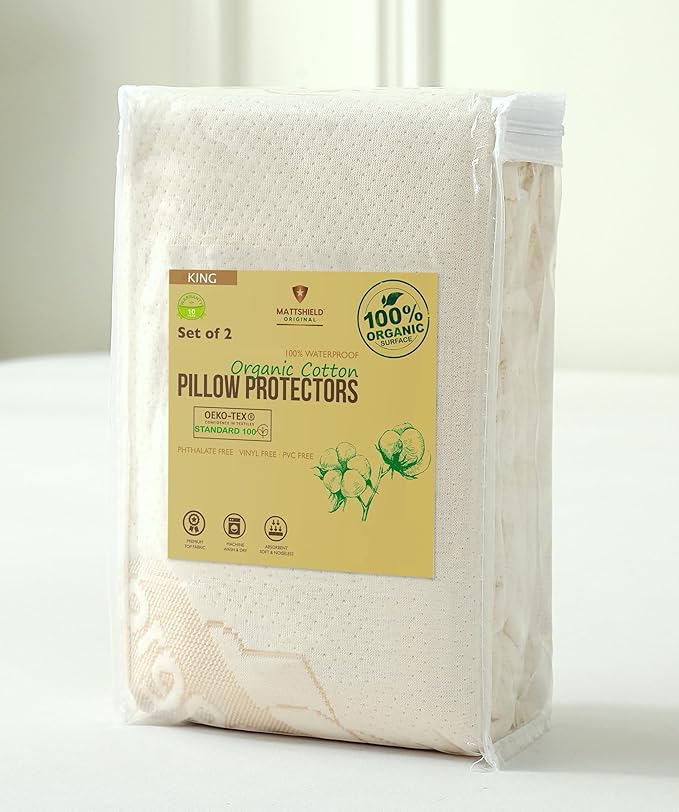 2-Pack Deluxe Waterproof Organic Cotton Pillow Protectors King Size - Certified Organic, Zippered Encasement, Soft Knit Fabric, Thick 280 GSM Cotton
