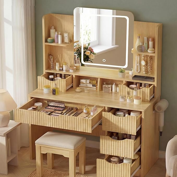 Vanity Desk with Mirror and Lights, Makeup Vanity Table with Large 6 Drawers Modern Fluted Wooden Dressing Table with Jewelry Hook 3 Color Modes Adjustable LED Mirror for Women Girls Bedroom or Dorm