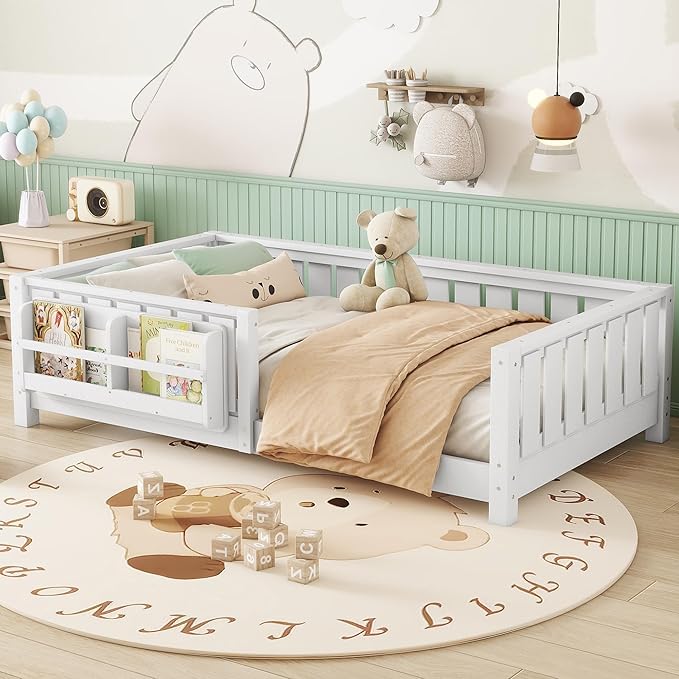 Bellemave Twin Size Kids Montessori Bed with Bookshelf,Solid Wood Twin Floor Bed Frame with Fence and Slats for Girls Boys,Low-Profile,White