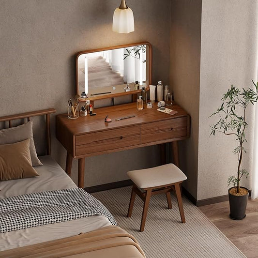 Solid Wood Vanity with Mirror and Lights, Adjustable Brightness, Wood Makeup Vanity with 3 Drawers, Semi-Assembled, Vanity Desk for Bedroom (Walnut)