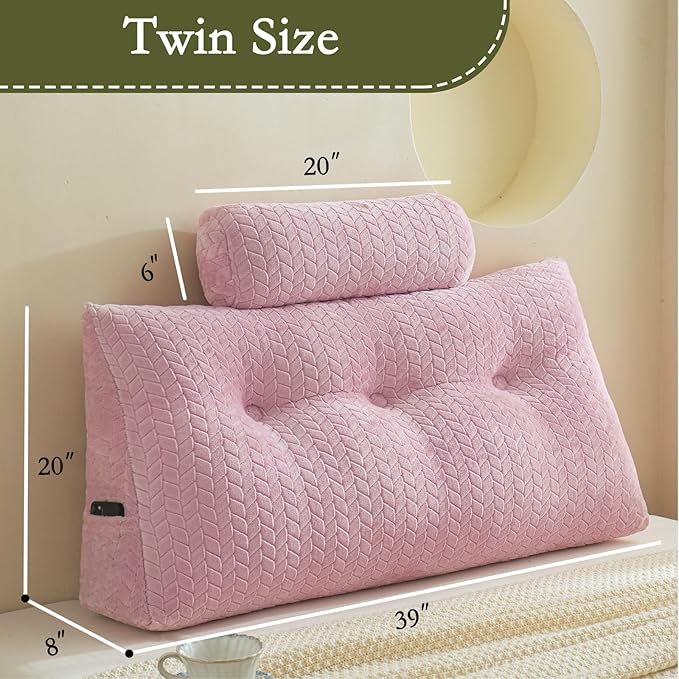 YOUR MOON Wedge Headboard Pillow Twin Size, Triangular Wedge Backrest Pillow with 1 Pack Neck Roll Pillows, Headboard Pillow for Bed,Daybed,and Lounging, Large Bed Bolster Pillows,Pink