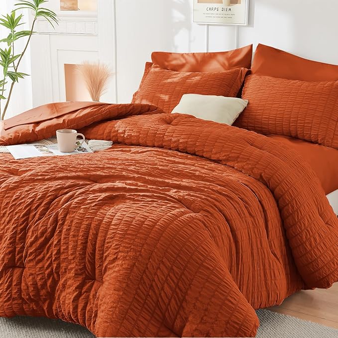 HYMOKEGE Burnt Orange Twin Comforter Set Seersucker 5 Pieces, All Season Luxury Bed in a Bag for Bedroom, Bedding Set with Comforters, Sheets, Pillowcase & Sham