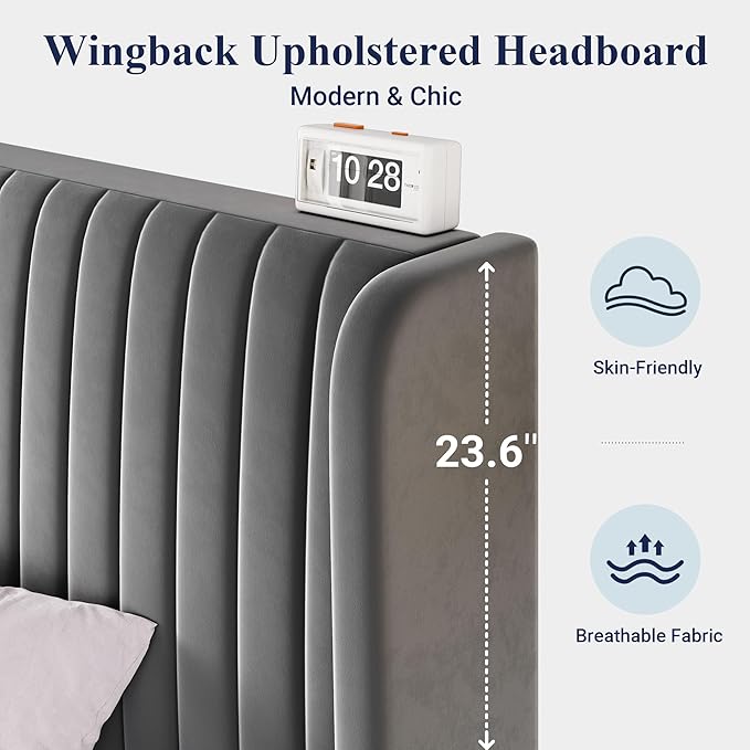 Allewie Queen Size Velvet Bed Frame/Vertical Channel Tufted Wingback Headboard/Upholstered Platform Bed/Strong Wooden Slats/No Box Spring Needed/Easy Assembly/Grey