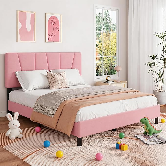 Full Size Upholstered Platform Bed Frame with Adjustable Headboard for kids Girls, Fits 8-14 Inch Mattress, Heavy Duty Bed Frame with Wooden Slats Support, Noise-Free, Non-slip, No Box Spring Needed