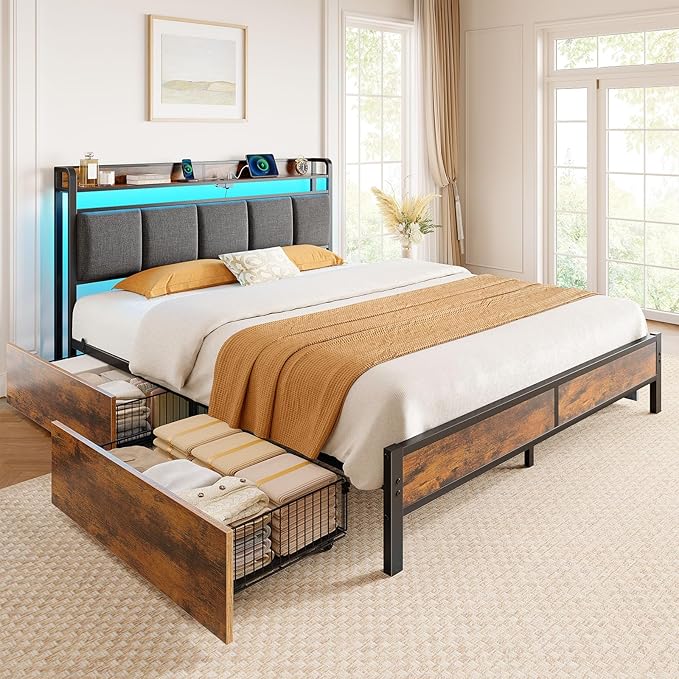 Rolanstar Bed Frame Queen Size with Charging Station and LED Lights, Upholstered Storage Headboard with Drawers, Heavy Duty Metal Slats, No Box Spring Needed, Easy Assembly, Rustic Brown