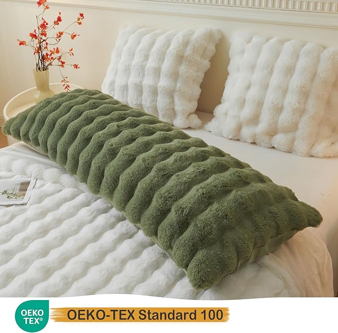 LIFEREVO Fluffy Faux Rabbit Fur Body Pillow Cover, Cozy Moss Bubble Shaggy Plush Bed Body Pillowcase with Zipper Closure, Long 20"x54" Fuzzy Furry Pillow Case for Bedroom Home Decoration, Sage Green