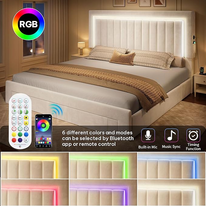 YITAHOME Queen Size Bed Frame with Adjustable Headboard, 4 Storage Drawers and RGB LED Lights, Velvet Upholstered Platform Bed with USB Ports, No Box Spring Needed, Fast Assembly, Noise-Free, White