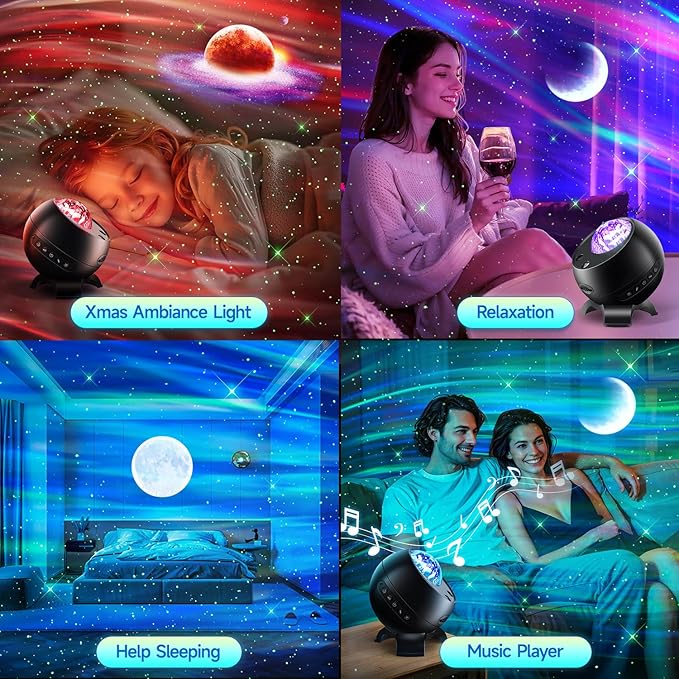 Portable Bluetooth Speaker with Hi-Fi Stereo Sound, Sleek Black Wireless Speaker with Aurora Light Projector & 15 Nature Sounds, Outdoor Speaker Bluetooth for Home, Gaming Setup, Party, Yoga (Black)