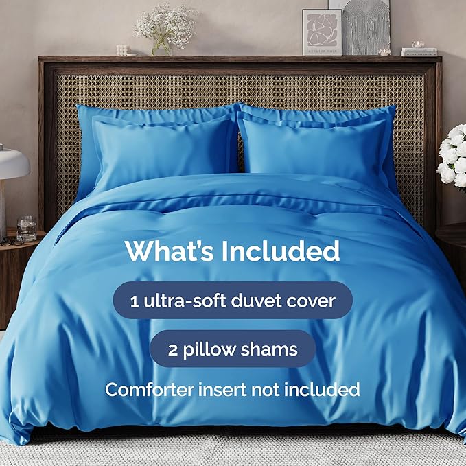 Duvet Cover Queen Size Set - Extra Soft Queen Duvet Cover 90" x 90" with 2 Pillow Shams - Hotel Luxury, Easy Care & Fade Free w/ Zipper Closures & Ties - All Season, Comfy & Breathable (Royal Blue)